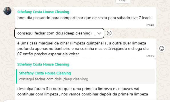 Mensagem de cliente: 7 leads de sexta para sábado e 3 fechamentos